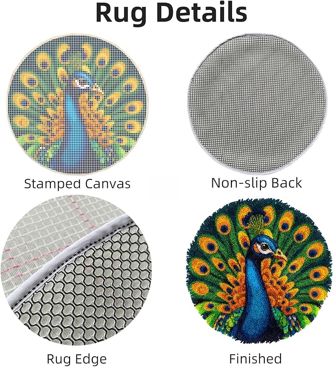 Latch Hook Rug Kit Peacock Stamped Handmade Round Shape Carpet Crochet Yarn Craft DIY Hook and Latch Door Mat Tapestry for Christmas Home Floor Decor 50x50cm(4)