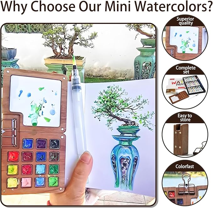 Mini Watercolor Travel Set, 24 Colors Portable Pocket Paint Kit with Watercolor Pens, Binder Clips & Walnut Wooden Box – Perfect for Outdoor Painting, Sketching & Art Journaling