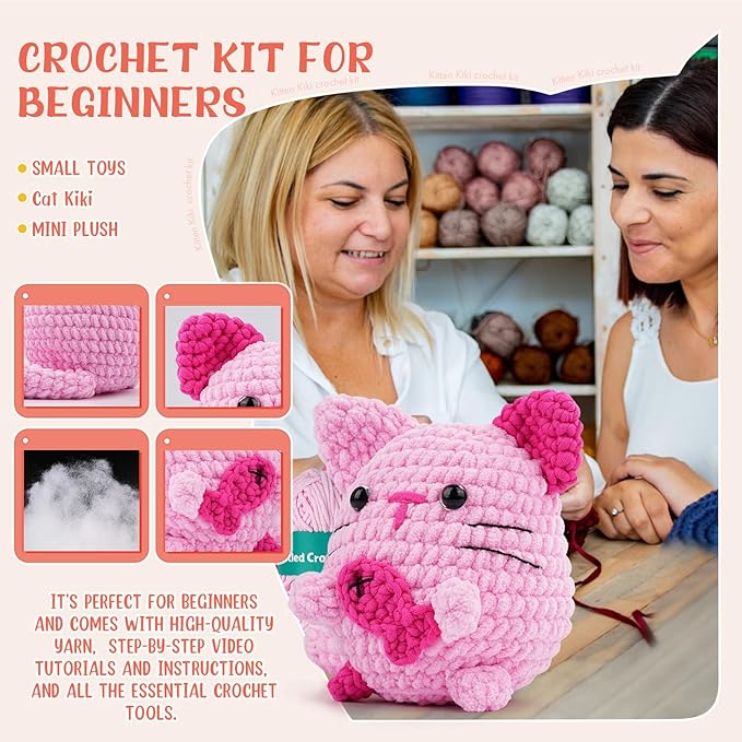Vanttokeey Crochet Kit for Beginners, Animal Amigurumi Crochet Kits Included, Step-by-Step Video Tutorials, Beginner Crochet Kit for Adults and Kids, Crocheting Starter Set (Cat)