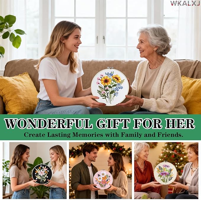 WKALXJ 4 Sets Embroidery Kits for Beginners Cross Stitch Kits Needlepoint Kits Crafts for Adults with Tools, Threads, Instructions, Needle Point Kits with Flower Stamped Patterns (Flowers B)
