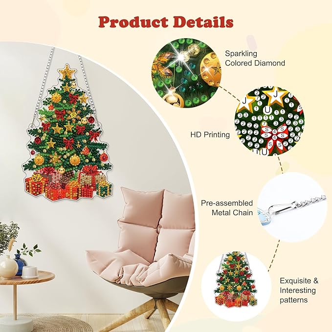 HEIBAGO Christmas Tree Diamond Art Hanging Kits for Adults Kids, 5D Special Shaped Crystal Diamond Painting Kit, DIY Pattern Window Pendant Gem Art Kit for Home Wall Decor 8.3 x 8.3 Inch