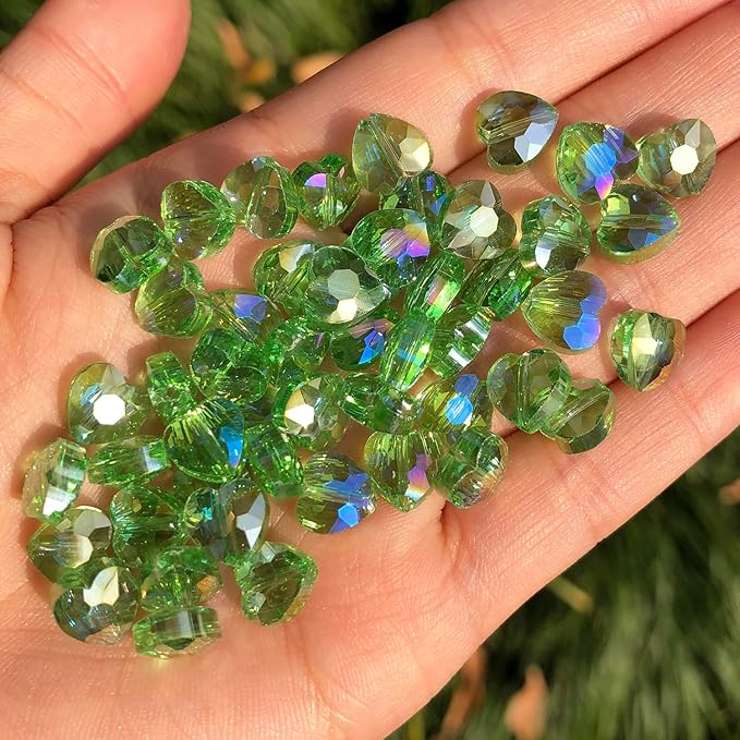70pcs 8mm AB Light Green Faceted Heart Beads for Jewelry Making Crystal Glass Beads for Bracelets Necklace Crafts, Friendship Bracelet Kit, Love Gifts