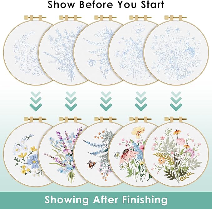 ERKOON Embroidery Kit for Beginners, 5 Sets Flower Cross Stitch Set for Adults Include Embroidery Cloth Hoops Threads for Craft Lover Hand Stitch with Skill Techniques (Flower)