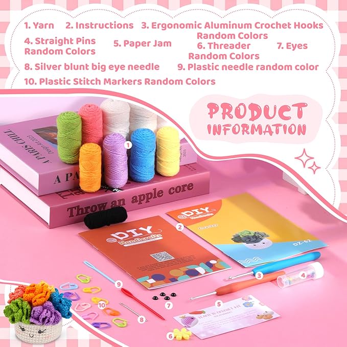 Hssugi Crochet Kit for Beginners, 6PCS Crochet Starter Kit, Potted Plant Coasters Crochet Kit with Step-by-Step Video Tutorials, Crochet Hooks, Learn to Crochet Kits for Adult Beginners