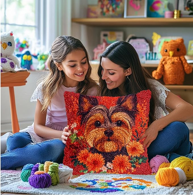 DIY Latch Hook Pillow Kits for Adults Yorkshire Terrier Dog in Flowers Printed Pillowcase Crochet Yarns Hooking Handmade Pillow Cover Cushion for Home Sofa Decoration 17x17inch-7