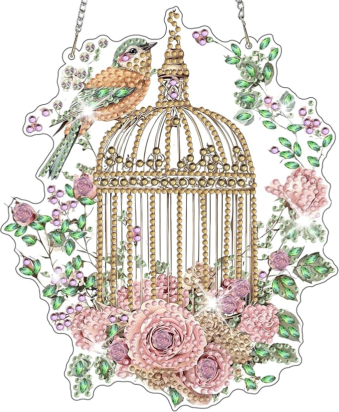 NAIMOER Diamond Art Hanging Kits for Adults, Flower Birdcage Diamond Art Suncatchers, 5D Special Shape Fall Diamond Painting Pendant Window Ornament Gifts for Home Garden Door Wall Decor