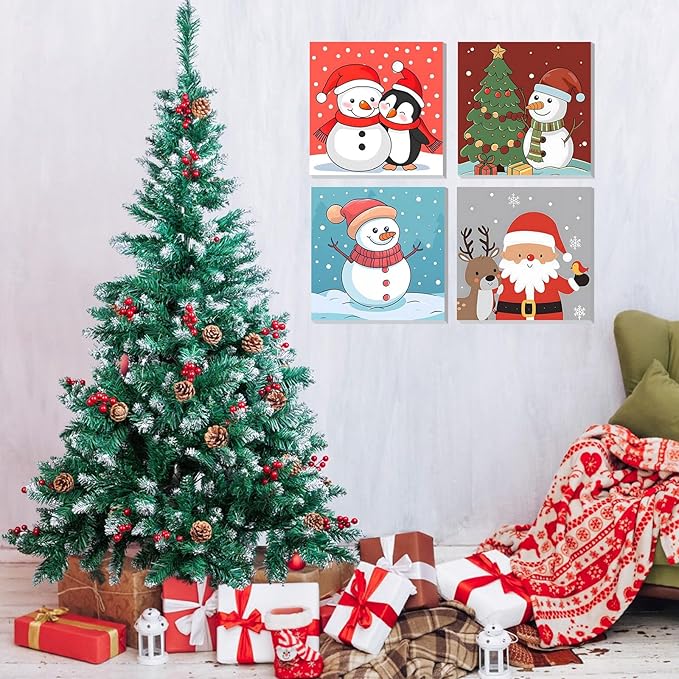 DOMROM 4 Pack Framed Paint by Numbers Penguin for Kids Beginners, Adult Paint by Number Kits Santa on Canvas, Acrylic Number Painting Christmas Craft Kits for Gift Home Decor 8x8in