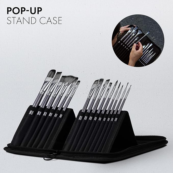 18 Piece Paint Brush Set, ARTIFY 15 Acrylic Paint Brushes, Palette Knife, and 2 Sponges, Professional Artist Paint Brushes for Acrylics, Watercolors, Gouache, Canvas, and Face Painting, Grey