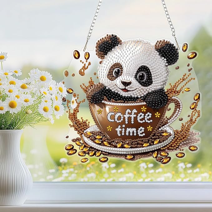 NEWENMO Diamond Art Kit for Adult, Coffee Panda, Diamond Art Painting Double Sided Window Pendants for Home Garden Wall Hanging, DIY Special Shaped Gem Hanging Ornaments, Cute Panda