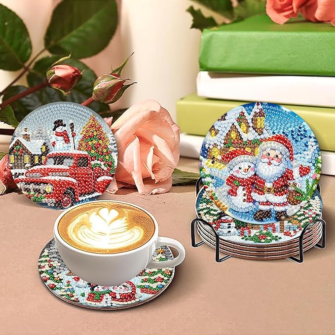 8 PCS Christmas Diamond Art Coasters Winter Diamond Painting Coasters Kits with Holder DIY for Beginners, Adults, Diamonds Art Crafts Supplies