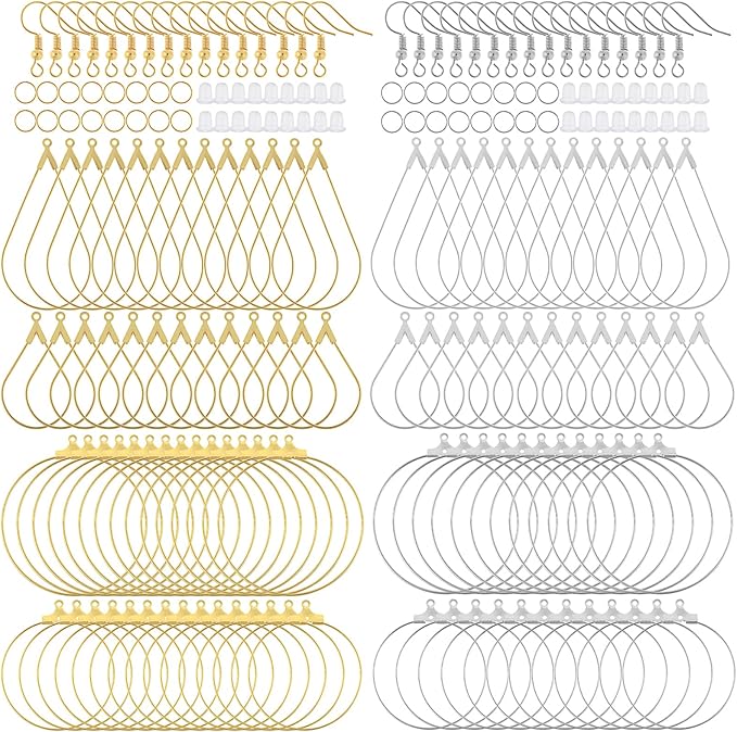 200PCS Earring Making Kit - Beading Hoop Finding, Open Hoops Bulk Wire for DIY Jewelry Craft Supplies - Teardrop and Round