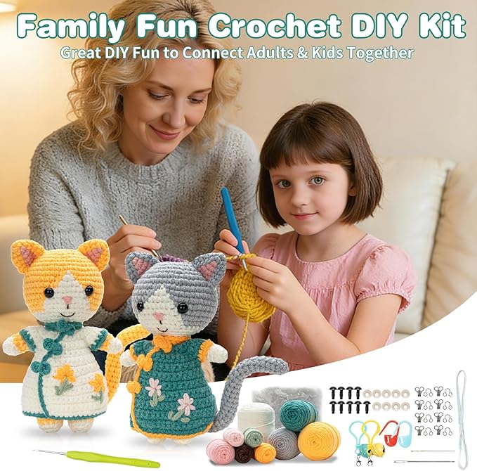 Youkali Crochet Kit for Beginners, Crochet Starter Kit with Step-by-Step Video Tutorials, Easy Beginner Crochet Kit for Adults, Crochet Animals Crafts Crochet Kits, Easy Knitting Kit. (Cat)