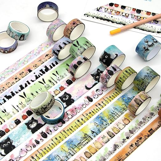 Kawaii Washi Tape Set - 24 Rolls Cute Animals Aesthetic Decorative Washi Tape for Scrapbooking Supplies, Bullet Journal Supplies, Junk Journal, Kids Art Craft Tape