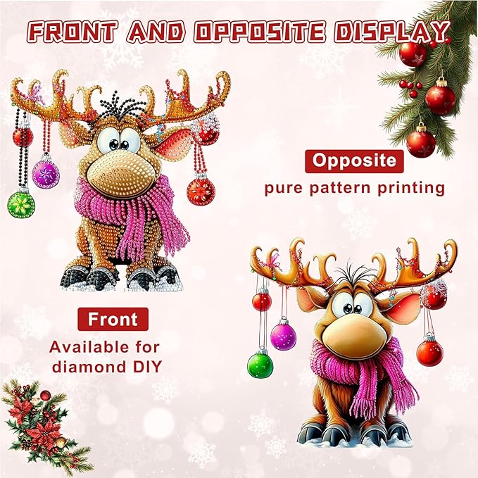 KEYIFA Christmas Diamond Painting Kit, DIY Reindeer Diamond Art for Adults, Diamonds Painting Pendant Special Shaped Rhinestone Window Hanging Ornaments Home Garden Wall Door Decoration, 20cm Width
