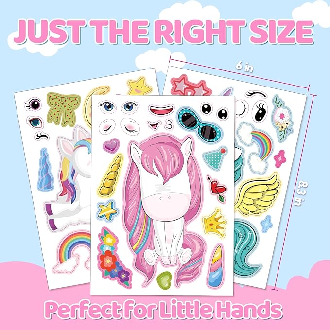 aowplc 30 sheets make a unicorn stickers for kids party favors, birthday decorations & craft activities