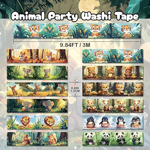 Cute Washi Tape Set,12 Rolls Kawaii Animals Decorative Tape Masking Washi Tape for Journaling Supplies, Scrapbooking, DIY Arts & Crafts, Gift Wrapping