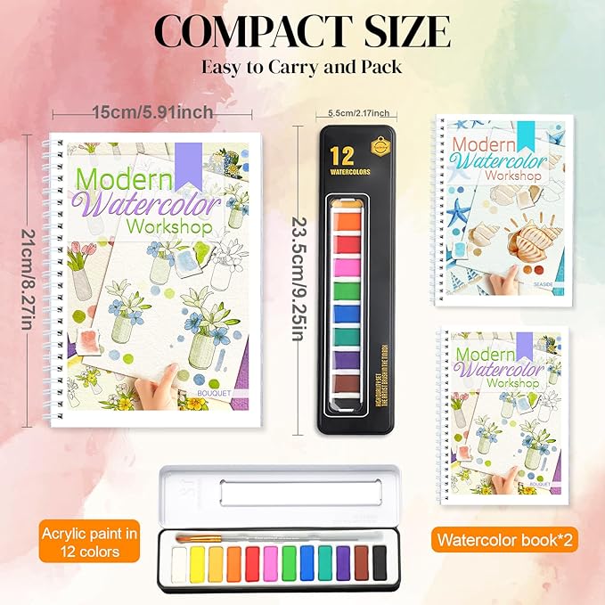 APOLYONE 2-Pack Beginner Watercolor Workbooks: 24 Coloring Pages + 12 Watercolor Paints + Brush – 300gsm/140lb Paper – Gift for Women, Adults & Beginners (Bouquet & Seaside)