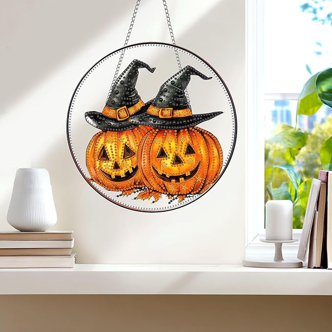Wergund 5D Halloween Diamond Art Hanging Kits, Hanging Diamond Art Pumpkin, Acrylic Special Shaped Rhinestone, Window Hanging Pendants for Home Wall Garden Front Door Outdoor Decor Gift(Halloween)