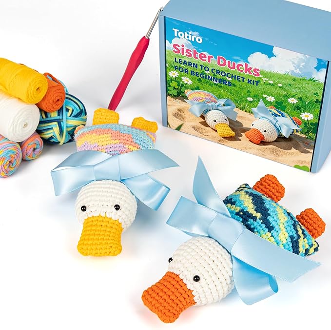 Totiro Crochet Kit for Beginners, Ducks Amigurumi Starter Kit, Easy DIY Craft Set with Step-by-Step Video Tutorials, 2 Pack Animal Crochet Pattern Learning Kit for Teens Adults Birthday Gift