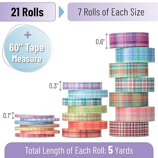 Mr. Pen- Washi Tape Set, 21 Rolls, Assorted Sizes, Plaid Design, Washi Tape for Journaling
