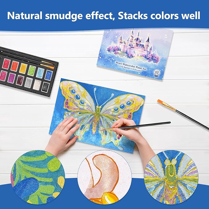 Mini Glitter Watercolor Paint Set with Paper, 12 Colors Shimmer Metallic Watercolour Painting Sets, Solid Pearl Water Color Paints for Adult(3ml 12 Colors)