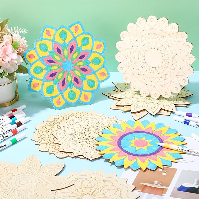 22 Pcs Wooden Mandala Painting Set 10 Mandala Unfinished Wood Cutouts with 12 Markers for Crafts Diwali Craft Wood Slices for Adults Painting DIY Tags Wedding Home Decors(Artsy Style)