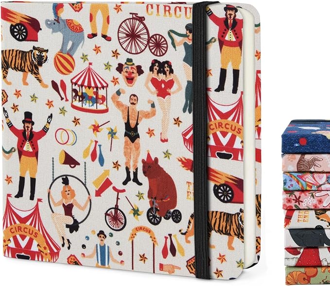Handy Size 5 x 5 inches Sketch Book, 80GSM Acid Free Artistic Drawing Painting Writing Paper, Hardcover Cloth Cover Art Sketchbook,Journal Notebook.Beige Circus