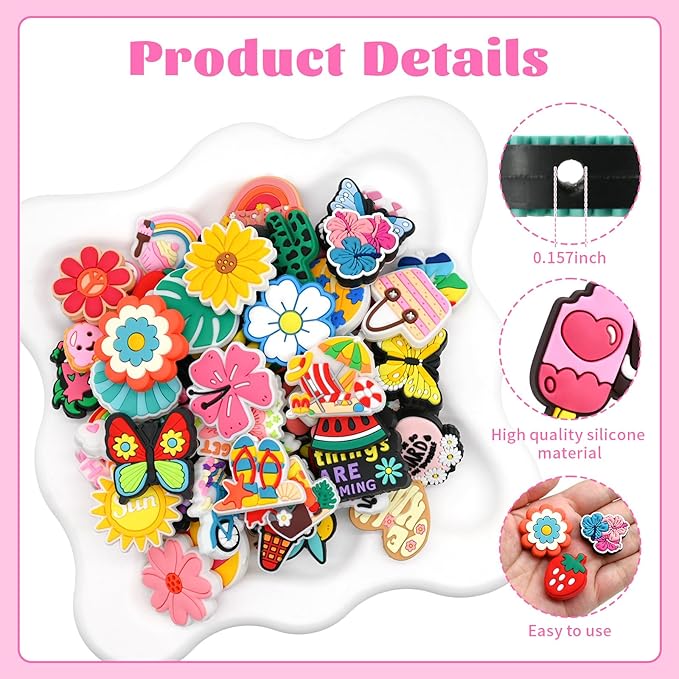 Silicone Focal Beads for Pens Summer Accessory Kit 60 Pcs Colorful Round Beads for Keychain Making Bracelet Necklace Handmade Crafts