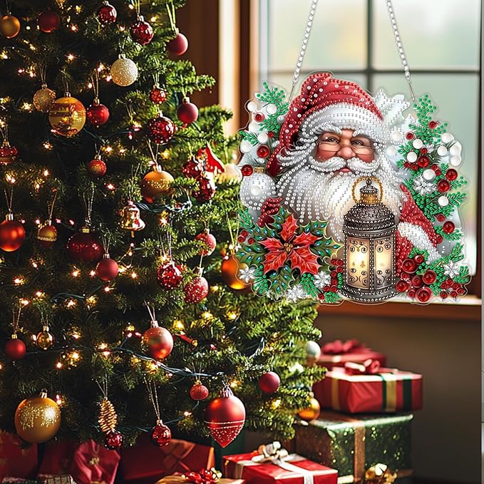 SENQAO Santa Claus Diamond Art Hanging Kits for Adults Kids, Christmas Diamond Art Suncatchers, 5D Special Shape Diamond Painting Pendant Window Ornament Gifts for Home Garden Door Wall Decor