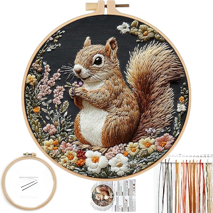 FONNUY Funny Squirrel Floral Embroidery Kit, Cross Stitch Kits for Beginners, Handmade Crafts with Printed Patterns for Beginner Adults, Easy to Follow Color Thread Needlework, 8'' Hoop (Smart)