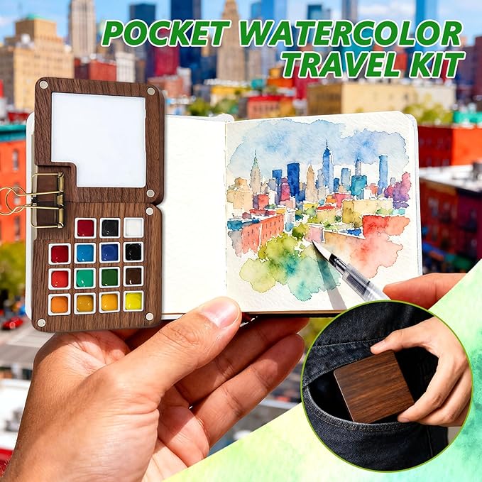 Esoes Mini Paint Palette Watercolor Kit, Travel Water Color Paint Set, Small Portable Pocket Mini Watercolor Set with Colors, Bind Clips, Brush, Sketchbook for Painters Beginners