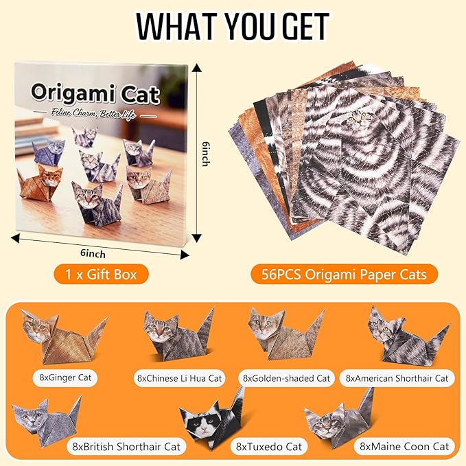 56 Sheets Origami Paper Cats with Guideing Manual & Video, Easy to Fold DIY Craft Kits for Adults, Origami Kit for Kids Ages 8-12, Fun Craft Desk Decoration & Creative Gifts for Cat Lovers