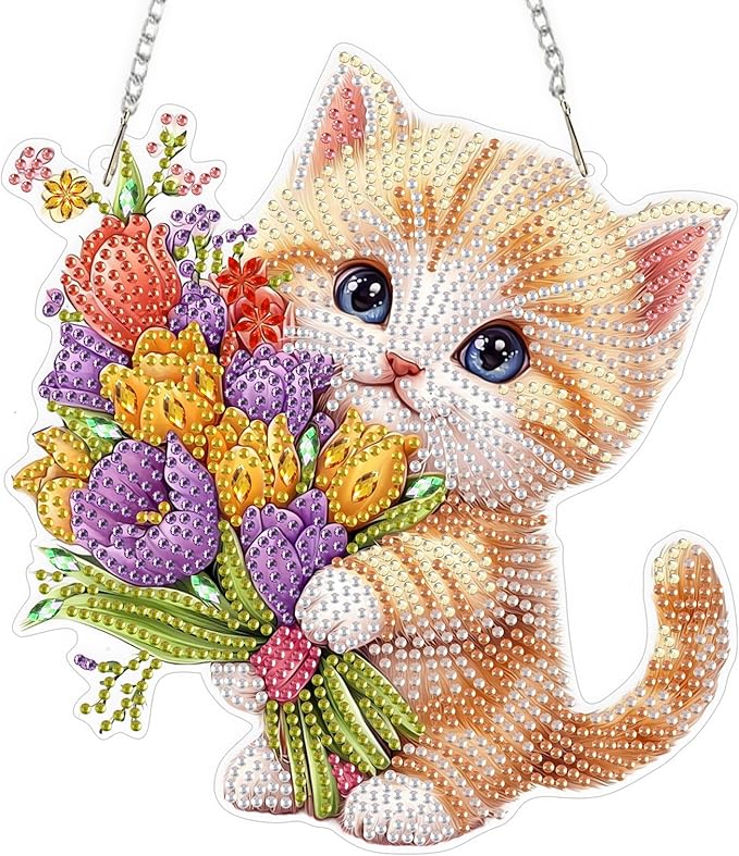 QENSPE Cute Cat Diamond Art Hanging Kits for Adults, 5D Special Shape Diamond Paingting Ornaments Kits with Chain, DIY Flowers Crystal Window Pendants for Home Garden Wall Decor Double Sided 8X8 inch