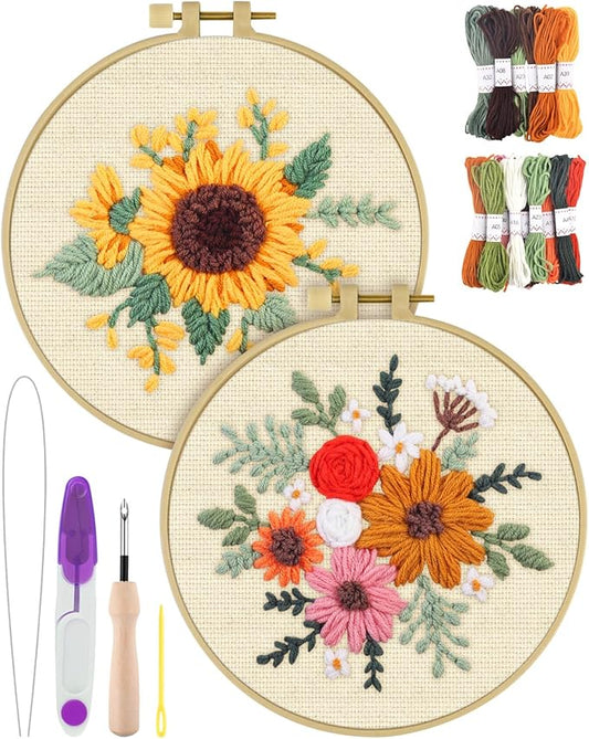 ERKOON Punch Needle Kit Adults Beginners, 2 Pcs DIY Easy Flower Embroidery Set for Starter Art Craft, Needling Punching Project with Patterns, Tools, Yarns, Hoop, Instruction (Colorful Flowers)