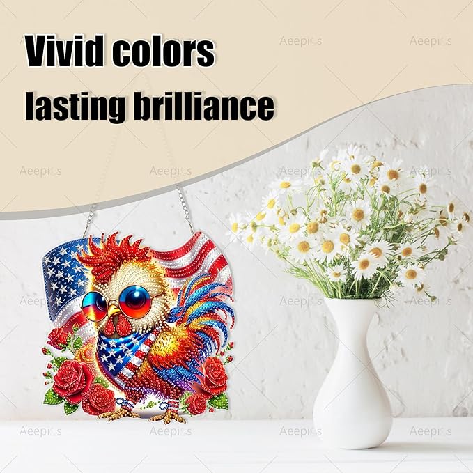 Aeepics Hanging Diamond Art Kit for Adult, DIY Diamonds Painting Pendant Ornament Kit, Acrylic Diamond Art Painting Board Kit (Rooster)