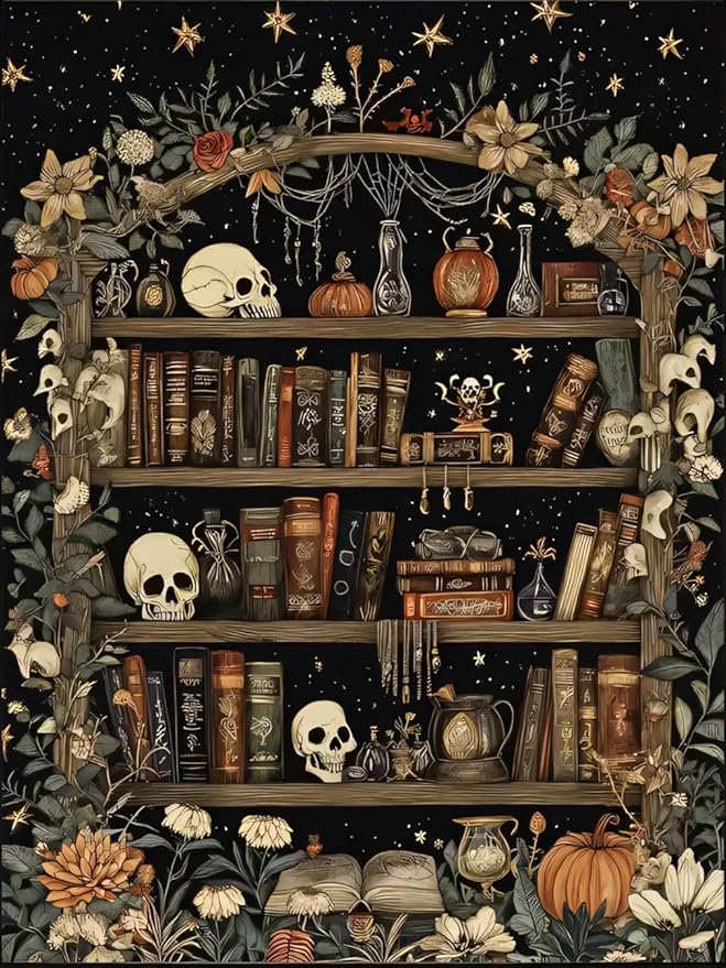 askkqtx Skull Diamond Art Kits for Adults, Goth Skull Bookshelf Diamond Painting Kits for Beginners, Full Drill Crystal Rhinestone Gem Diamond Art Kits Craft for Home Wall Decor 12X16 Inch