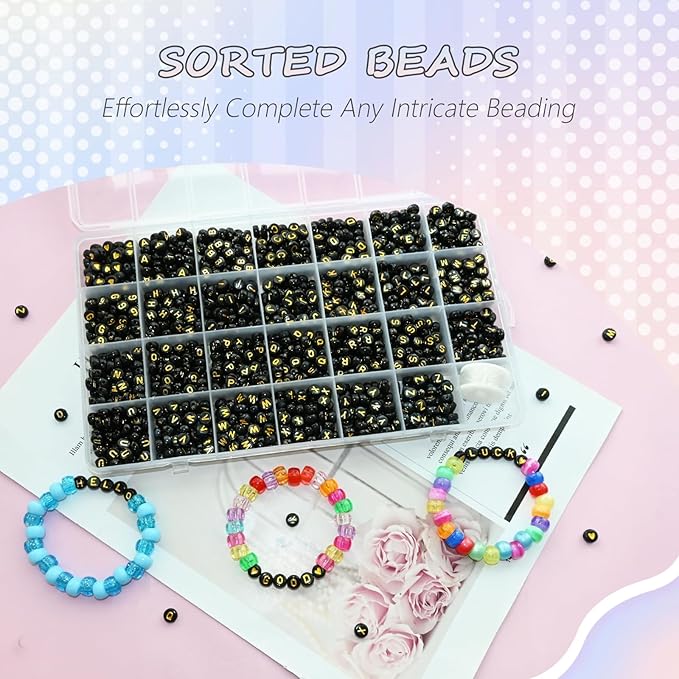 Looconi 1400pcs 4x7mm Black Letter Beads Round Acrylic with Gold Alphabet A-Z Heart Pattern Beads and Crystal Line for Jewelry Making (Black&Gold)