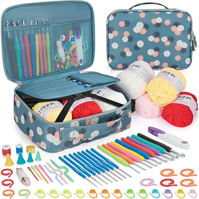 GMAK Crochet Kit for Beginners Adults, 59 PCS Crochet Sets Include Yarn, Crochet Hooks and Tools, Portable Crocheting Starter Kits for Making Variety Projects Craft Supplies, Blue Flower