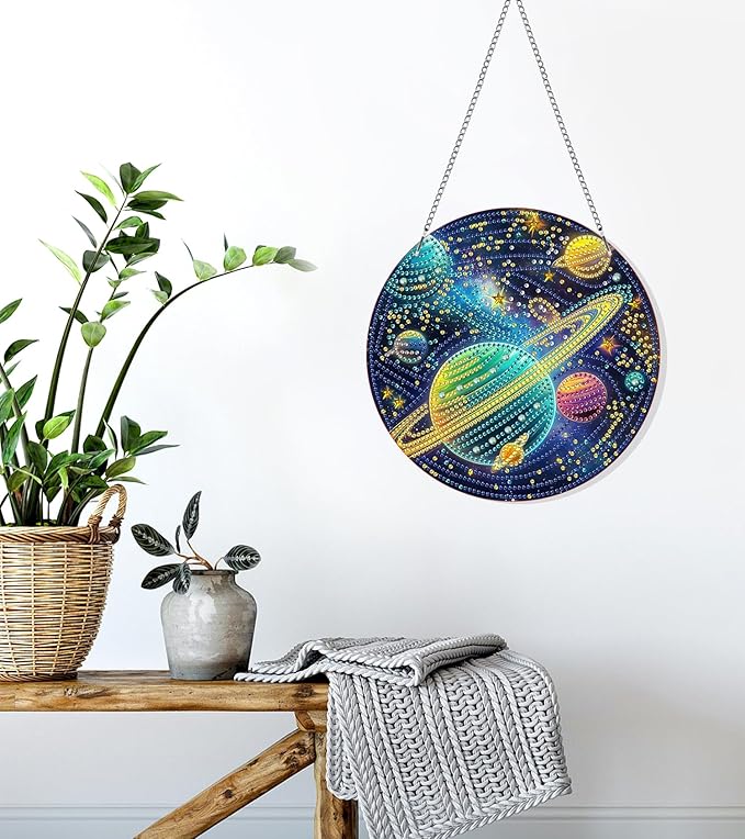 Ginfonr Diamond Painting Kits Hanging Pendant, Planet Sun Catcher for Front Door Sign, Rhinestone Landscapes Summer Porch Decor for Outdoor, Double Sided Hanging Kits for Garden Window (8 x 8inch)
