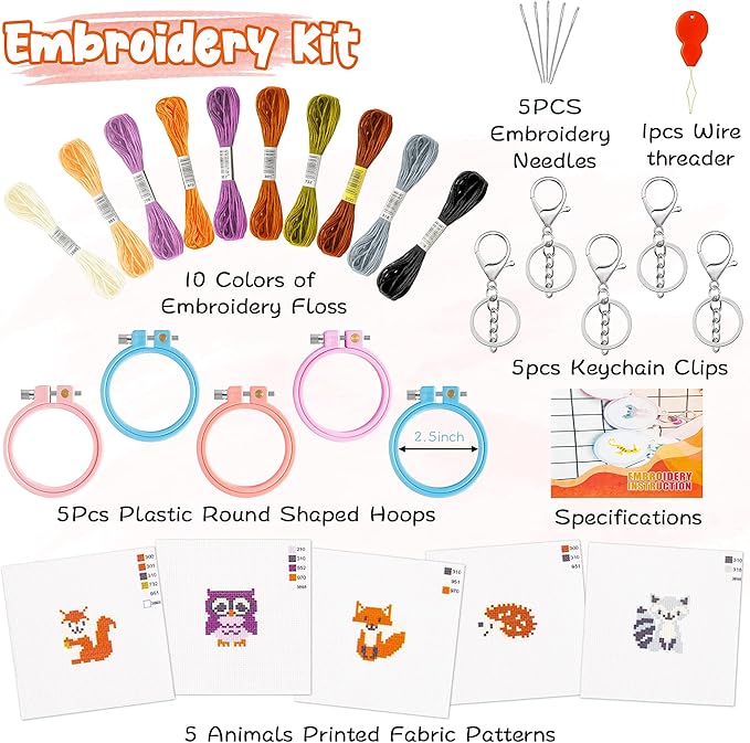 WATINC 5Pcs Embroidery Kit for Kids Stamped Cross Stitch DIY Key Chain with Woodland Animal Patterns Needlepoint Starter Kits Craft Supplies for Beginners Adults Schoolbag