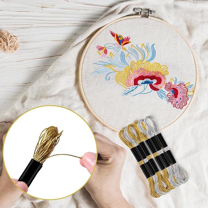 6 Skeins Embroidery Threads, Metallic Embroidery Floss Friendship Bracelet Cross Stitch Thread for Sewing Making Yarn Accessories Craft String Art Supplies (Gold + Silver)