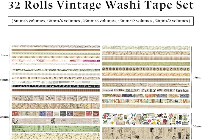 32 Rolls Vintage Washi Tape, Aesthetic Colored Decorative Cute Scrapbook Tape for Scrapbooking Supplies Journaling Craft Junk Journal