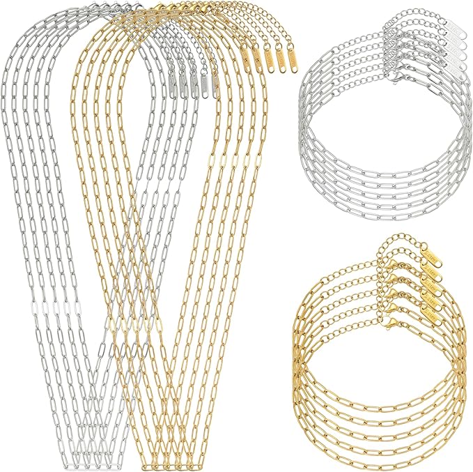 20 PCS Paperclip Chain Bracelet Necklace Kit Stainless Steel Charm Bulk Chains with Extender for DIY Jewelry Making Supplies Accessories (Gold + Steel