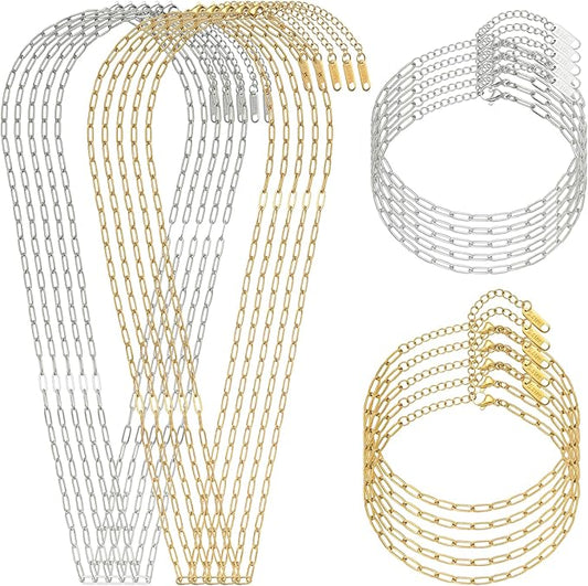 20 PCS Paperclip Chain Bracelet Necklace Kit Stainless Steel Charm Bulk Chains with Extender for DIY Jewelry Making Supplies Accessories (Gold + Steel