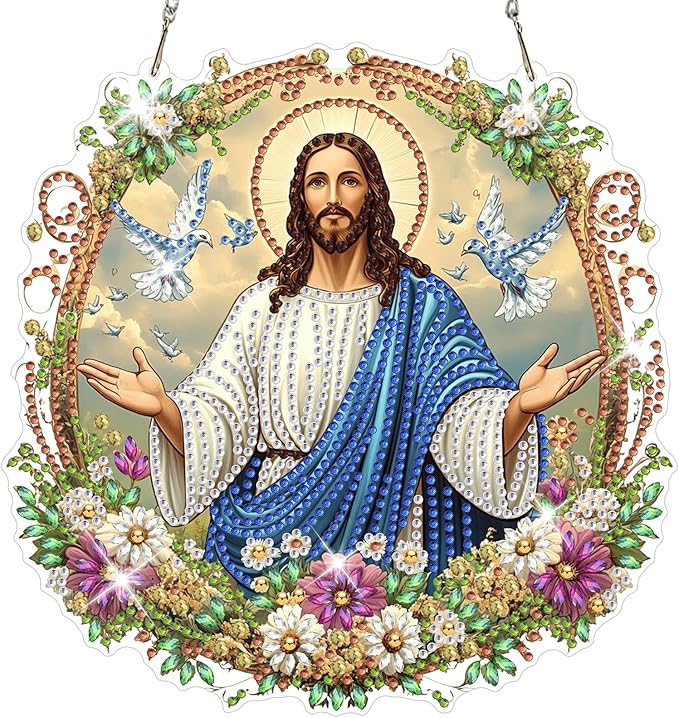 NAIMOER Diamond Art Hanging Kits for Adults Jesus 5D Special Shaped Rhinestone, DIY Acrylic Diamond Art Painting Window Pendants Home Garden Wall Hanging Ornament Kits, Double Sided