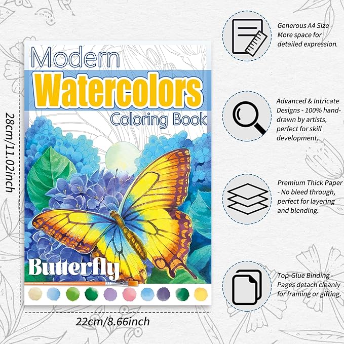 Watercoloring Book, A4 Water Coloring Book Paint Book Beginner Friendly - Watercolor Coloring Books for Adults, 12 Pre-Printed Designs on 180GSM Cold Press Paper, (Without Paint) - Butterfly