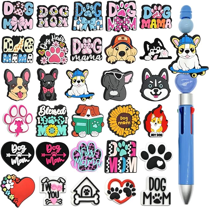 XHAOYEAHX 30PCS Dog Focal Beads for pens, Silicone Focal Beads Bulk for Beadable Pen Keychain Bracelet Lanyard Making Kit