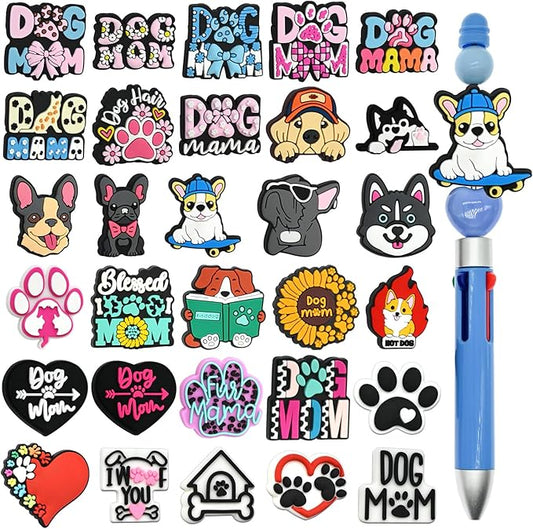 XHAOYEAHX 30PCS Dog Focal Beads for pens, Silicone Focal Beads Bulk for Beadable Pen Keychain Bracelet Lanyard Making Kit
