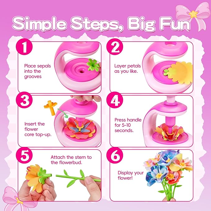 fabric flower bouquet craft kit for kids, diy arts & crafts toy to make your own flower wreaths & reusable felt flowers, educational birthday gift for girls boys ages 4–10