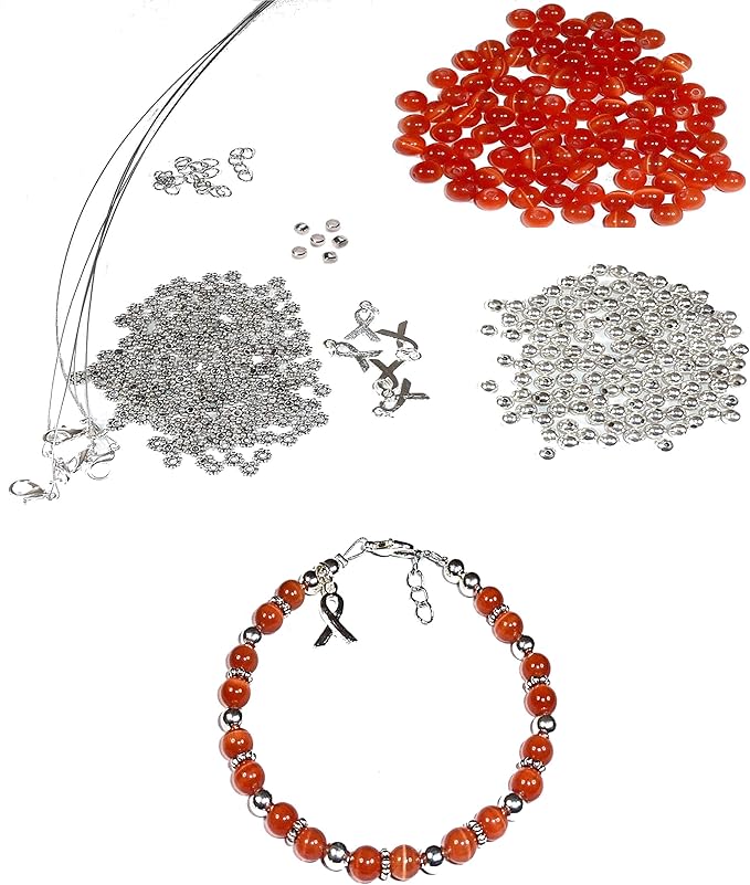 Hidden Hollow Beads DIY Craft Beading Kit, Everything to Make Cancer Awareness Bracelets, Uses Wire, Crimps and Clasps, Fundraising and Gifts (Leukemia - Orange Makes 5)